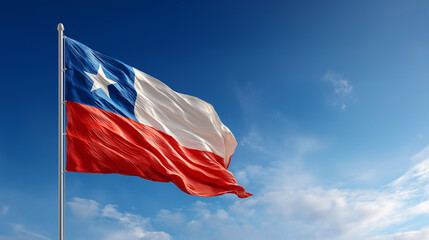Chilean National Flag Waving in the Wind Against Clear Blue Sky, Symbol of Independence, Patriotism and National Identity