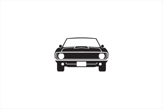 Front view black classic muscle car silhouette icon isolated on white background. Minimal vector illustration of vintage automobile design for transport and automotive concepts. Vector illustration.