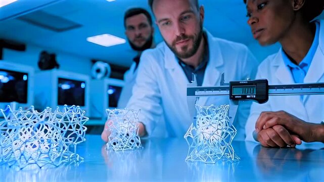Specialists analyze complex printed components meticulously, Experienced engineers perform comprehensive inspections on complex prints using latest measurement technology in modern facilities