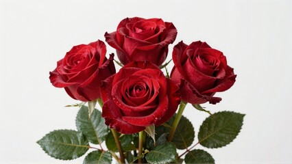 Fototapeta premium Red roses with dew on green leaves