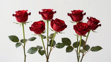 Obraz premium Red roses with green stems and leaves on white background