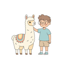 Obraz premium Boy petting llama flat vector illustration. Cartoon child character with alpaca isolated on transparent background. Friendship concept