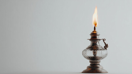 An antique oil lamp burns softly with the flame details clearly visible against a white background.