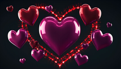 Generated image. Colorful hearts float in the air against a dark background during a festive celebration or romantic event