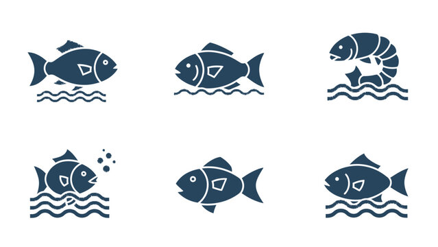 Stylized seafood icons featuring fish and shrimp on water surfaces
