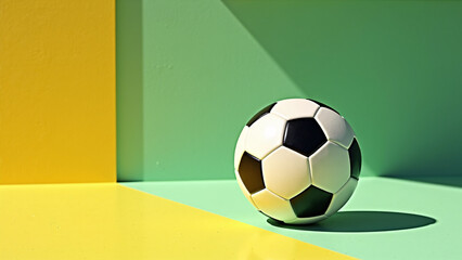 A classic soccer ball rests on vibrant yellow and green geometry, radiating modern energy and playful precision.
