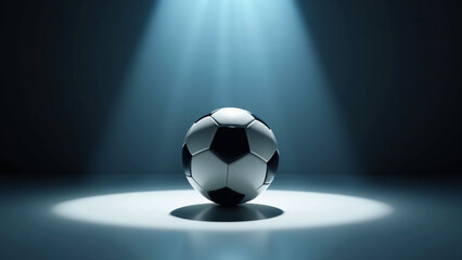 Fototapeta premium A classic soccer ball glows beneath a spotlight, casting soft shadows and evoking focus, stillness, and anticipation. 