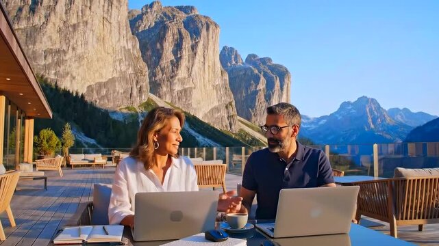Couple outdoors working, Laptops on terrace under mountains, Outdoor couple enjoying work with mountain view, Romantic duo working remotely on terrace with scenic mountain background and sunlight