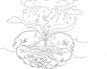 Naklejka premium Hands holding a plant with rain and clouds