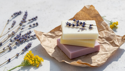 Generated image. Colored soap bars sit on paper with lavender and yellow flowers nearby under sunlight