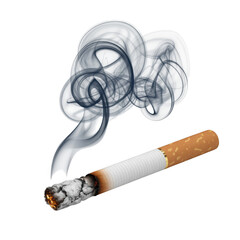 Half burnt cigarette emitting smoke lying horizontally transparent background isolated on a transparent background