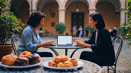 Women networking casually, Friends from different ethnic groups discussing work outdoors casually, Mixed women engaging in friendly conversation and collaborative work in openair cafe setting - Powered by Adobe