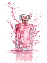 Elegant perfume bottle with pink liquid splash luxury fragrance advertising concept isolated on white background.