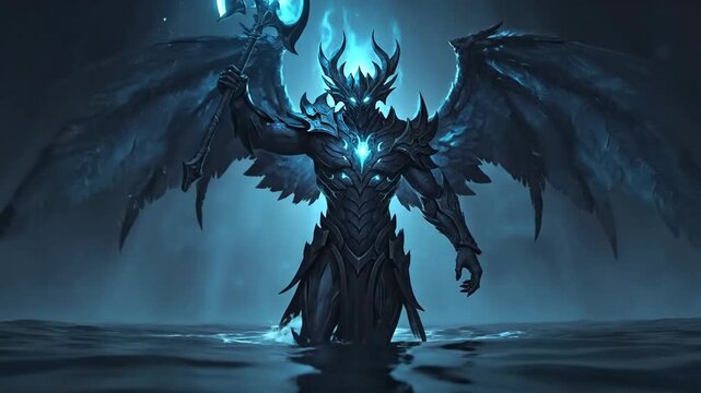 Armored winged demon emerging from abyss with glowing heart.