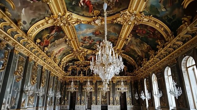 Opulent Baroque-style hall with breathtaking gilded ceilings, magnificent crystal chandeliers, and richly decorated walls, showcasing exquisite historical interior design