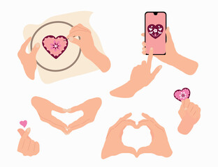 Hands with Hearts Illustration. White background, isolate