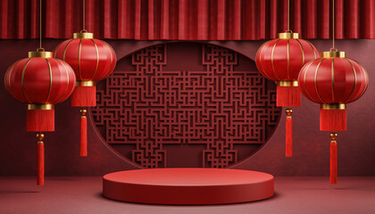 Generated image. Decorative red lanterns hang in a stage setting with a circular backdrop and a round platform for a cultural event or celebration
