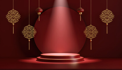 Generated image. Decorative stage setup with hanging ornaments and spotlight in red and gold colors for a cultural event