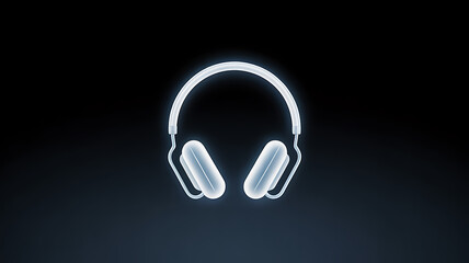 A glowing neon outline of over ear headphones against a dark shadowy background creates a futuristic and minimalist aesthetic