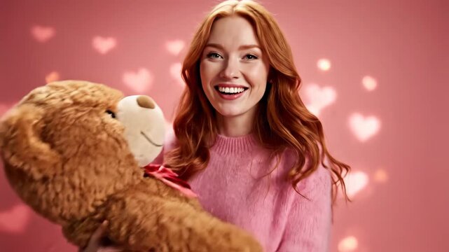 Happy redhead woman hugging a large teddy bear on Valentine's Day. Smiling girl holding a plush toy gift against a pink background with glowing hearts. Romantic love concept