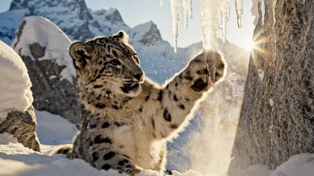 A playful snow leopard cub reaches for icicles in a snowy mountain landscape under the bright sunshine