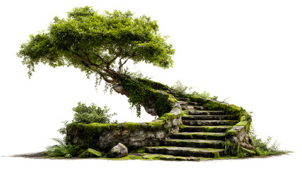 Stone staircase winding through lush green foliage overgrown with trees leading upwards in a fantasy garden setting, isolated on white background.