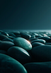 Glossy turquoise zen stones close-up &ndash; abstract minimal wellness and spa background
