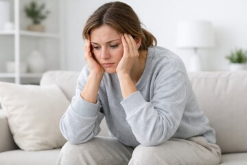 Stressed Woman Sitting On Sofa With Head In Hands.
A young woman sits on a couch holding her head, showing anxiety, mental exhaustion, emotional overload, and inner tension during a difficult moment.