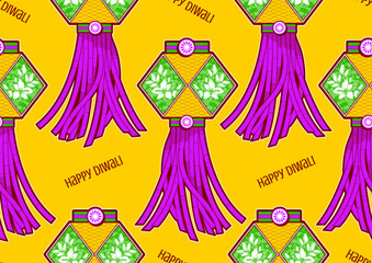 Diwali seamless pop art pattern featuring Akash Kandil lanterns in comic style, traditional Indian hanging lamps for apparel design, textile printing, pajamas, and gift wrap artwork