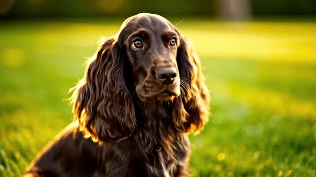 Beautiful brown cocker spaniel dog relaxing on lush green grass during golden hour in the outdoors
