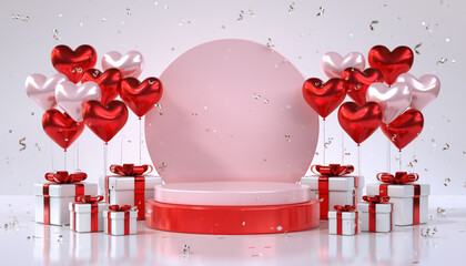 Generated image. Colorful balloons and gift boxes for a celebration in a festive setting with confetti falling on the stage