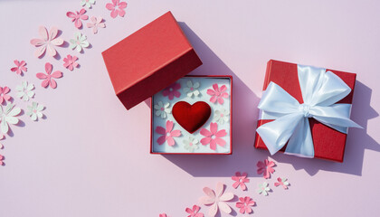 Generated image. Gift box with red heart and flower decorations on pink background for special occasion or celebration