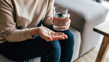 Generated image. Person sitting on couch taking medicine with glass of water in hand during daytime at home