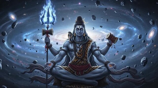 Shiva Meditating in a Cosmic Night Holding Trident and Drum.