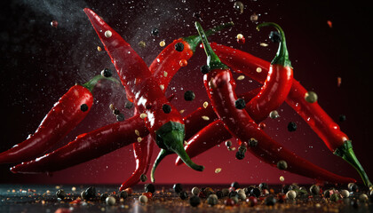 Generated image. Red chili peppers and black peppercorns flying in the air during food preparation in a kitchen setting