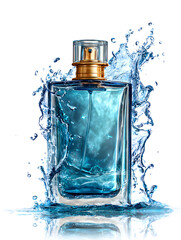 Luxury blue perfume bottle splashing with water elegant fragrance concept for advertising isolated on white background.