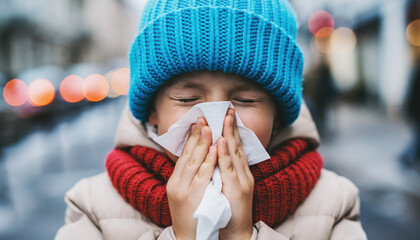 Generated image. Child with cold blowing nose outside in city during winter wearing blue hat and red scarf while holding tissue