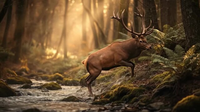 Red deer stag leaping through a forest stream with water splashing in cinematic golden light