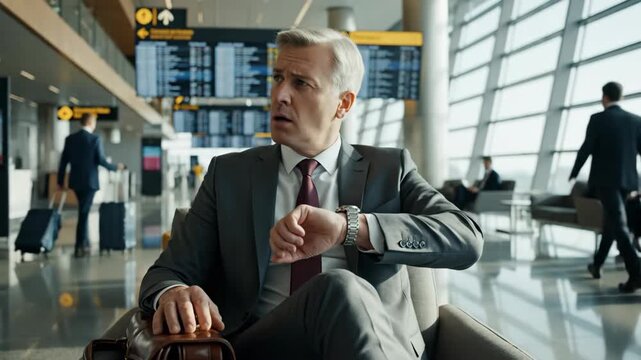 Anxious businessman checking his watch while waiting at the airport. Worried professional concerned about a flight delay in the terminal lounge. Business travel and punctuality concept