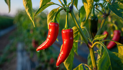 Generated image.. Chili peppers grow on plants in a field during sunset hours in a rural area