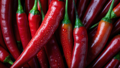 Generated image. Fresh red chili peppers arranged closely together on a surface with droplets of water