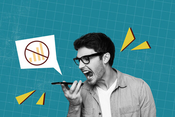 Creative sketch artwork collage of angry man scream phone interrupted connection network 4g speed problem technology user