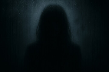 black shadow of a human figure behind foggy glass