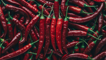 Generated image. Fresh red chili peppers arranged closely on a surface with water droplets in a market setting taken during daylight hours