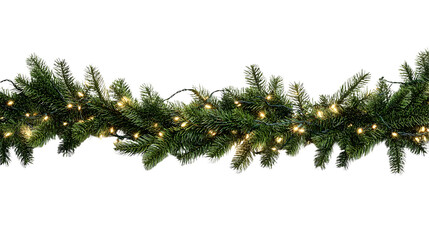 Christmas garland with warm lights festive fir branches for holiday decoration isolated on white background.