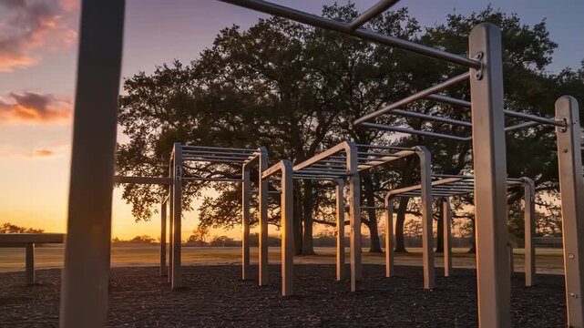 Outdoor workout equipment and pullup bars in a park at sunset during golden hour