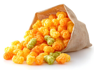 Crunchy cheese puffs spilling from a burlap bag colorful snack food for parties and events isolated on white background.