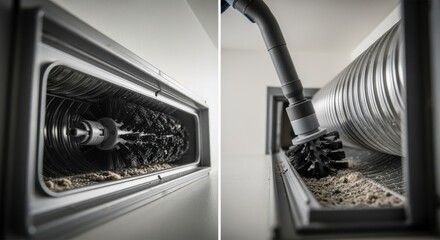 Action footage of a rotary brush cleaning both horizontal and vertical dryer vent sections showing adaptability to various duct configurations.
