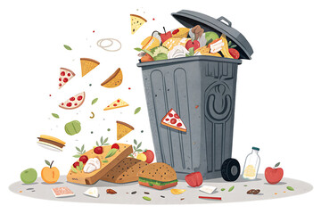 overflowing trash bin with stylized food icons barely visible