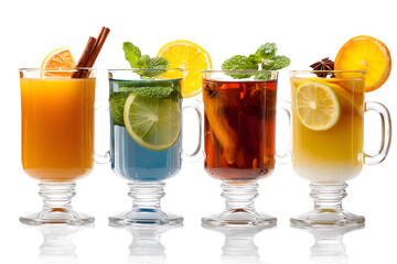 Four refreshing drinks with fruit and herbs perfect for summer or winter beverages isolated on white background.